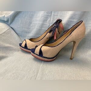 Not Rated Linen Red White and Blue Peep Toe Heels- Size 7.5